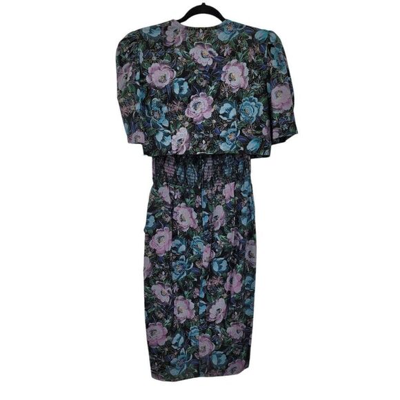 Vtg 80's Womens Dress Set Strapless Smocked Sweetheart Faux Wrap Floral Blk XS - Picture 9 of 13